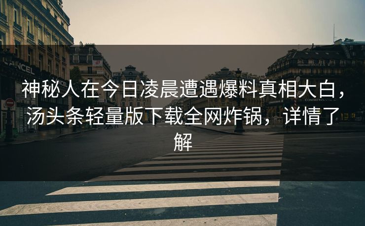 神秘人在今日凌晨遭遇爆料真相大白，汤头条轻量版下载全网炸锅，详情了解